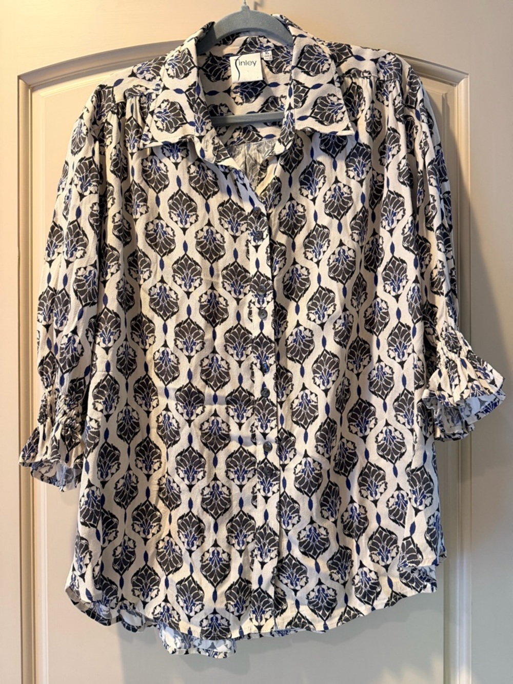 Finley White and Navy Printed Button-Front Blouse